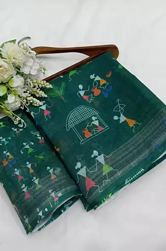 Green leaf digital printed linen cotton saree