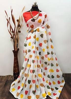White leaf digital printed linen cotton saree 1