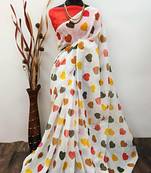 White leaf digital printed linen cotton saree