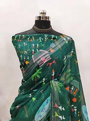 Green leaf digital printed linen cotton saree 5