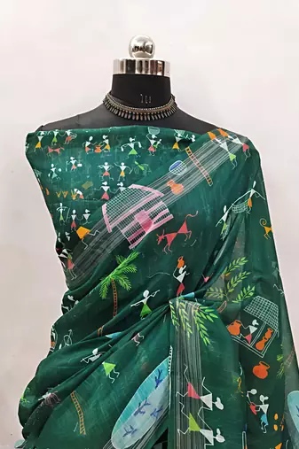 Green leaf digital printed linen cotton saree