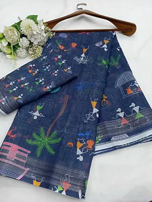 Blue leaf digital printed linen cotton saree 5