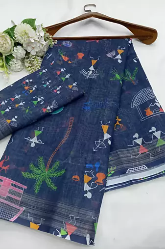 Blue leaf digital printed linen cotton saree