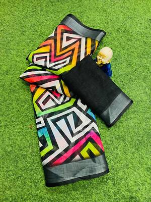 Multicolor leaf digital printed linen cotton saree 5