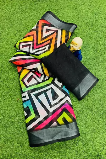 Multicolor leaf digital printed linen cotton saree