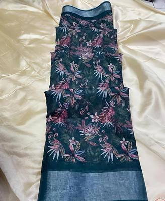 Multicolor leaf digital printed linen cotton saree 1