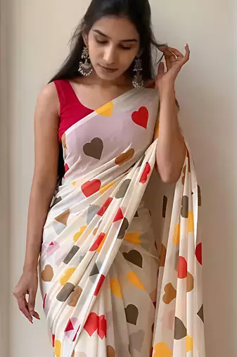 White leaf digital printed linen cotton saree