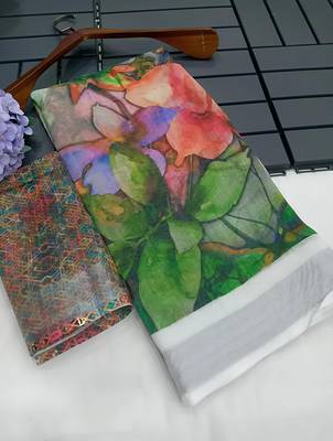 Multicolor leaf digital printed linen cotton saree 1