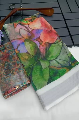 Multicolor leaf digital printed linen cotton saree