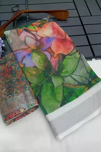 Multicolor leaf digital printed linen cotton saree