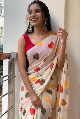 White leaf digital printed linen cotton saree 4