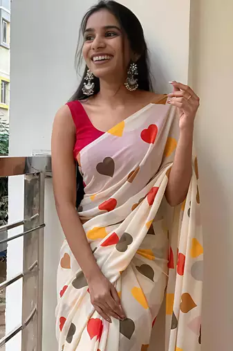 White leaf digital printed linen cotton saree