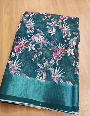 Multicolor leaf digital printed linen cotton saree 3