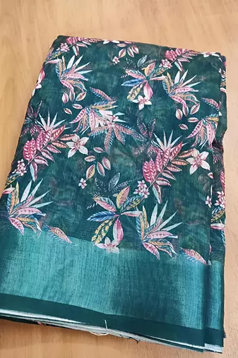 Multicolor leaf digital printed linen cotton saree