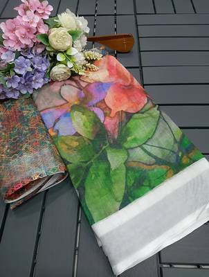 Multicolor leaf digital printed linen cotton saree 3