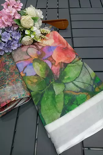 Multicolor leaf digital printed linen cotton saree