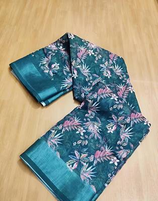 Multicolor leaf digital printed linen cotton saree 4