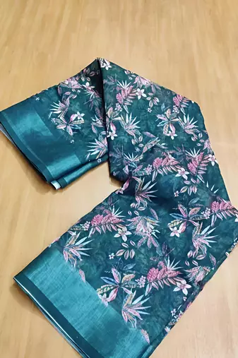 Multicolor leaf digital printed linen cotton saree