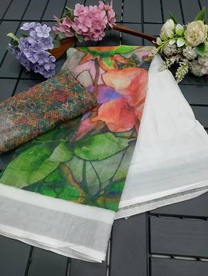 Multicolor leaf digital printed linen cotton saree 4
