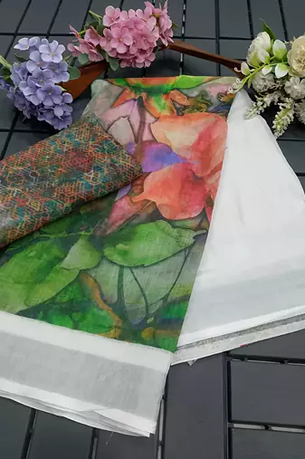 Multicolor leaf digital printed linen cotton saree