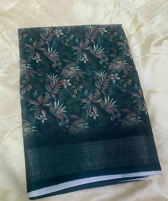 Multicolor leaf digital printed linen cotton saree 5