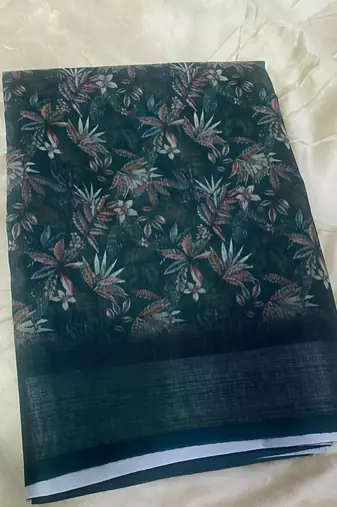 Multicolor leaf digital printed linen cotton saree
