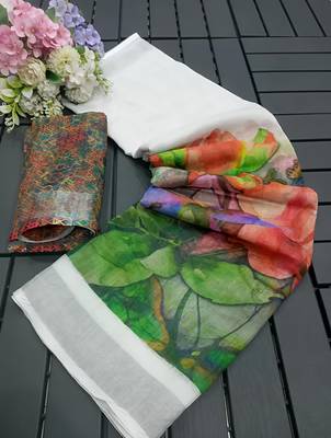 Multicolor leaf digital printed linen cotton saree 5