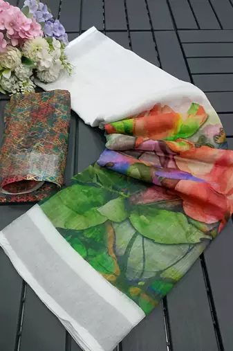 Multicolor leaf digital printed linen cotton saree