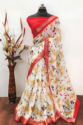 Multicolor leaf digital printed linen cotton saree