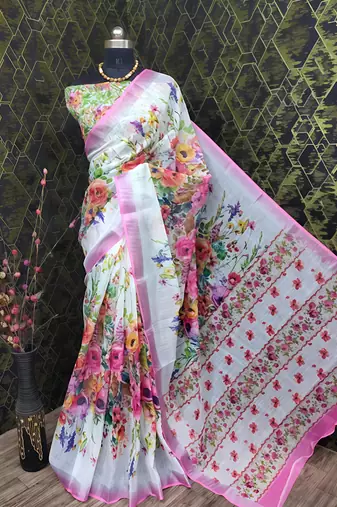 White leaf digital printed linen cotton saree