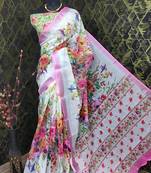 White leaf digital printed linen cotton saree