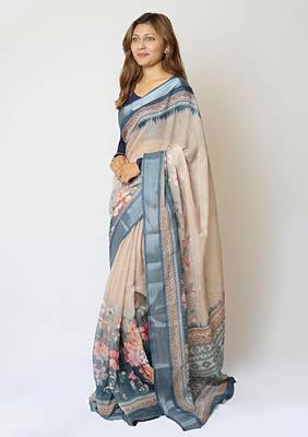 Chiku leaf digital printed linen cotton saree 1