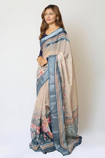 Chiku leaf digital printed linen cotton saree