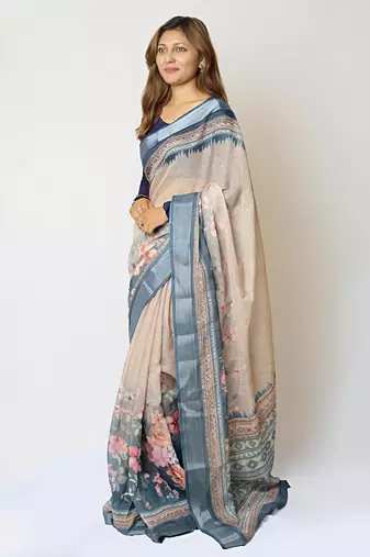 Chiku leaf digital printed linen cotton saree