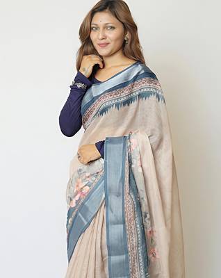 Chiku leaf digital printed linen cotton saree 2