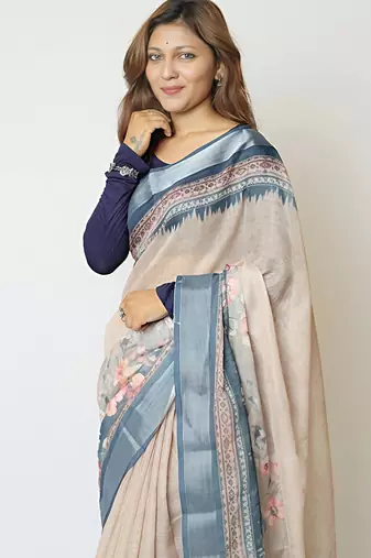 Chiku leaf digital printed linen cotton saree