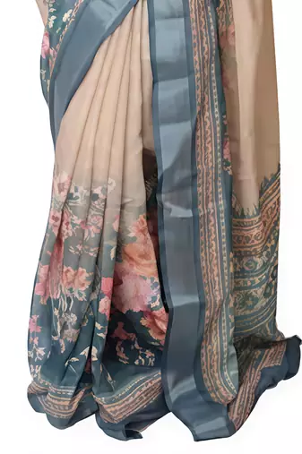 Chiku leaf digital printed linen cotton saree