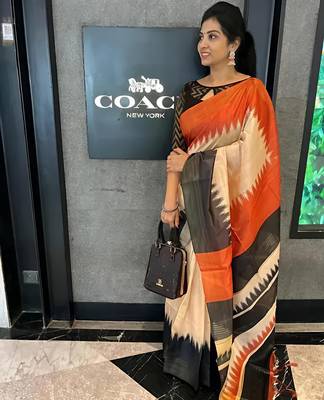 Multicolor leaf digital printed linen cotton saree 1