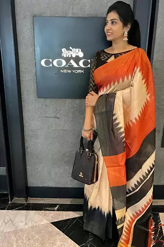 Multicolor leaf digital printed linen cotton saree