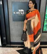 Multicolor leaf digital printed linen cotton saree