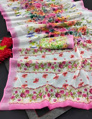 White leaf digital printed linen cotton saree 3