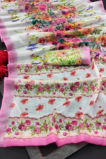 White leaf digital printed linen cotton saree