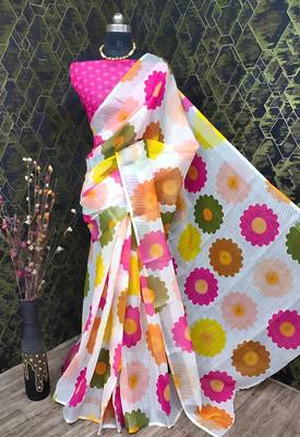 Multicolor leaf digital printed linen cotton saree 1