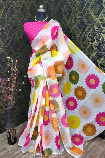 Multicolor leaf digital printed linen cotton saree