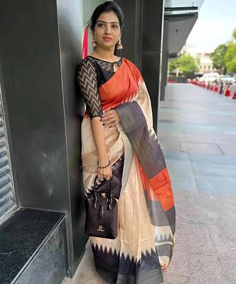 Multicolor leaf digital printed linen cotton saree 3