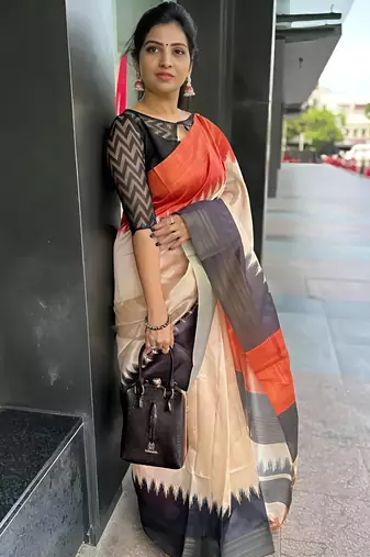 Multicolor leaf digital printed linen cotton saree