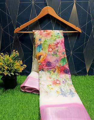 White leaf digital printed linen cotton saree 4
