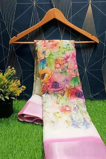 White leaf digital printed linen cotton saree
