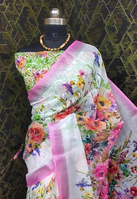 White leaf digital printed linen cotton saree 5