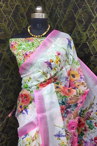 White leaf digital printed linen cotton saree